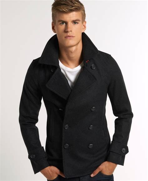 Mens Commodity Slim Pea Coat In Charcoal Superdry Uk