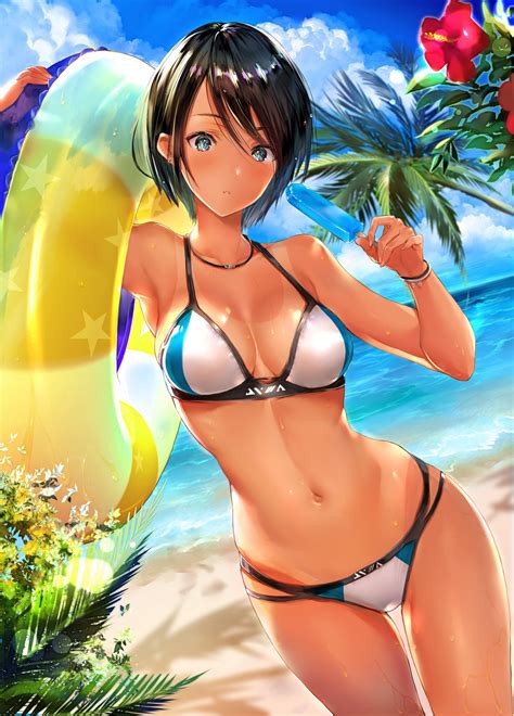 Wallpaper Anime Girls Beach Flower Palm Trees Sea