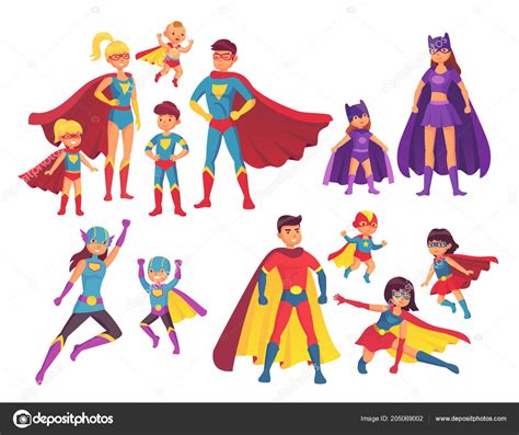 Personajes familiares de superhéroes. Personaje de superhéroes en trajes con capa de héroe 