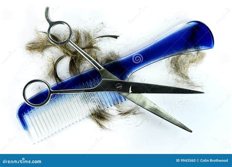 Scissors With Hair And Blue Comb Stock Photo Image Of Sharp Trim