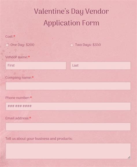 Free Valentines Day Vendor Application Form Template 123formbuilder