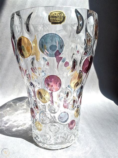 Vintage Czech Bohemian Bohemia Crystal Art Glass Optic Color Coin Dot Vase 7 1756878825