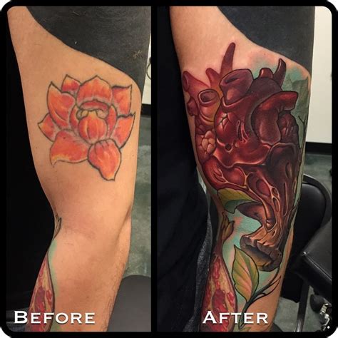 A tree of life tattoo that appears like a shadow can effectively cover up these small designs. Heart New School Cover Up Arm tattoo by Timmy B | Best ...