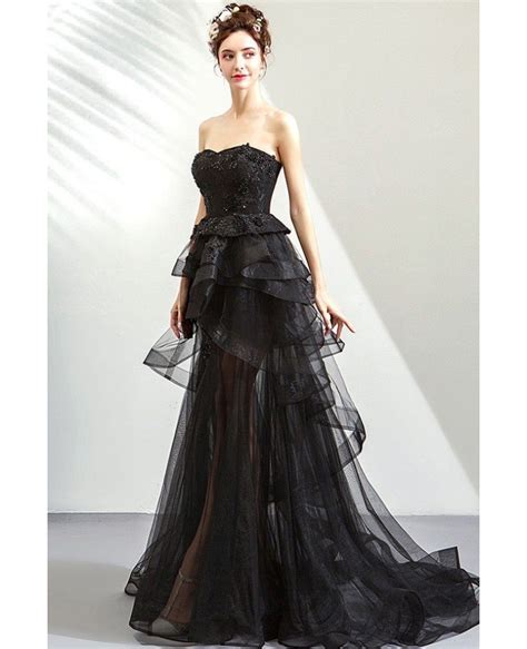 mistery black high low tulle prom party dress with ruffles strapless wholesale t79038