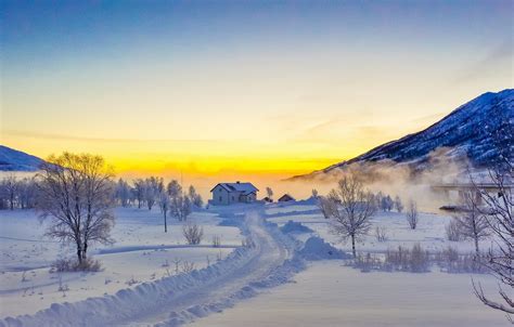 Wallpaper Winter Road Snow Trees Sunset Mountains House Norway