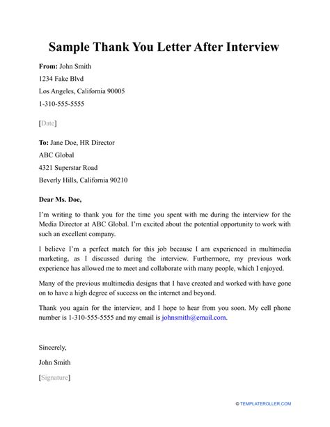 Sample Thank You Letter After Interview Download Printable Pdf Templateroller