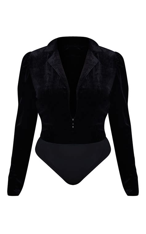 Black Velvet Plunge Collared Long Sleeve Bodysuit Prettylittlething