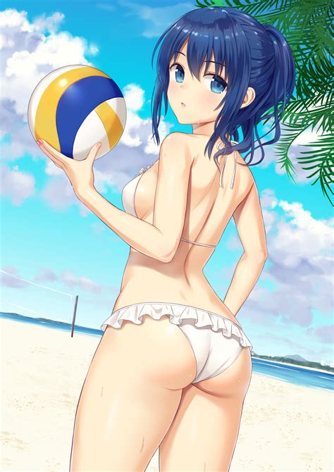 Ng Original Commentary Request Highres 1girl Ass Back Ball Bare Shoulders Beach
