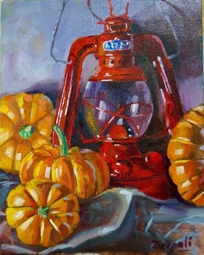 Daily Paintworks Pumpkins And Lantern Original Fine Art For Sale