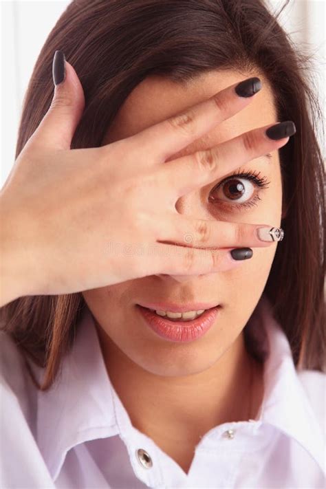 Woman Peeking Behind Her Hand Stock Image Image Of People Person