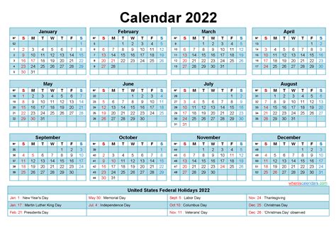 Printable Calendar 2022 With Us Holidays