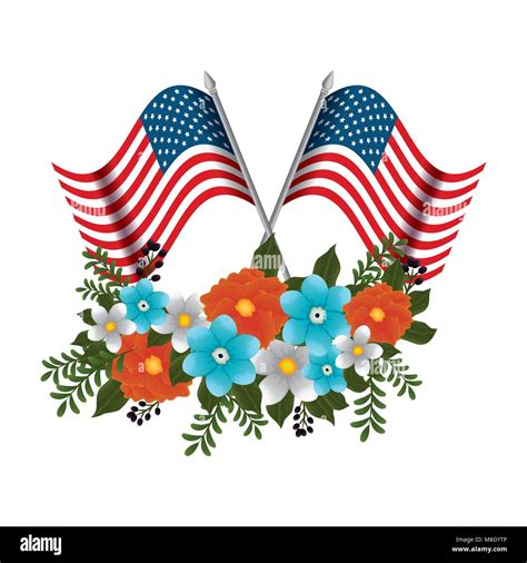 Happy Memorial Day With Beautiful Flowers And Usa Flags Vector