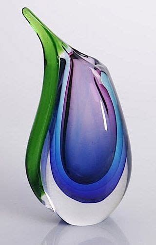 Hand Blown Purple Blue And Green Sommerso Teardrop Art Glass Vase