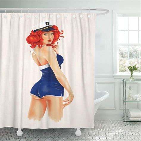 Pknmt Red Vintage Pin Up Sailor Girl Painting Full Edge Pinup Tattoo Retro Head Bathroom Shower