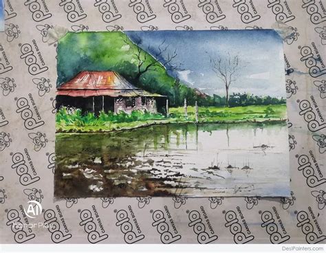 Watercolor Painting Of Village Scenery