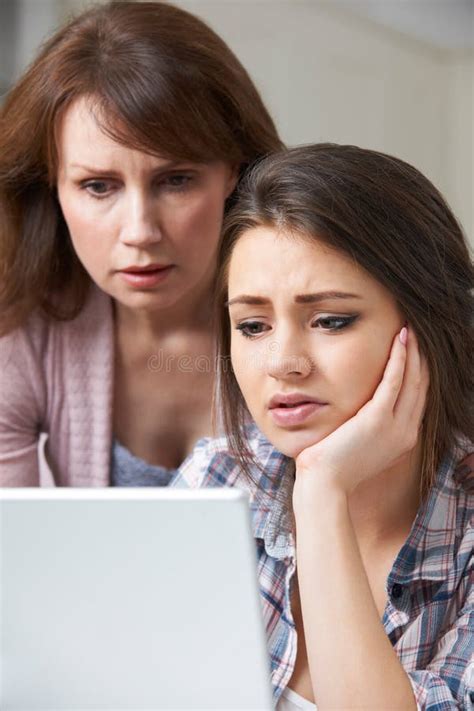 Mother Comforting Daughter Victimized By Online Bullying Stock Image Image Of Cruel Abused