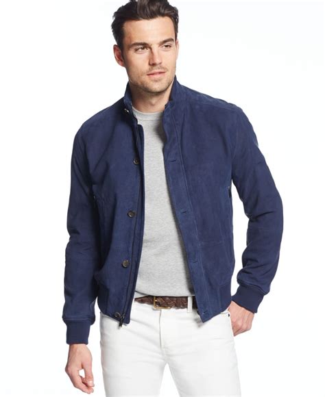 Lyst Michael Kors Perforated Suede Bomber Jacket In Blue For Men