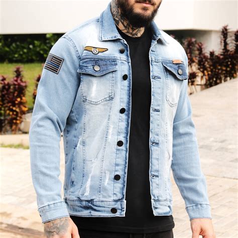 Jaqueta Jeans Masculina Destroyed Slim Fit Com Patches Shopee Brasil