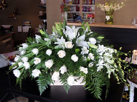 All White Casket Spray Funeral Flowers Flower Arrangements Casket