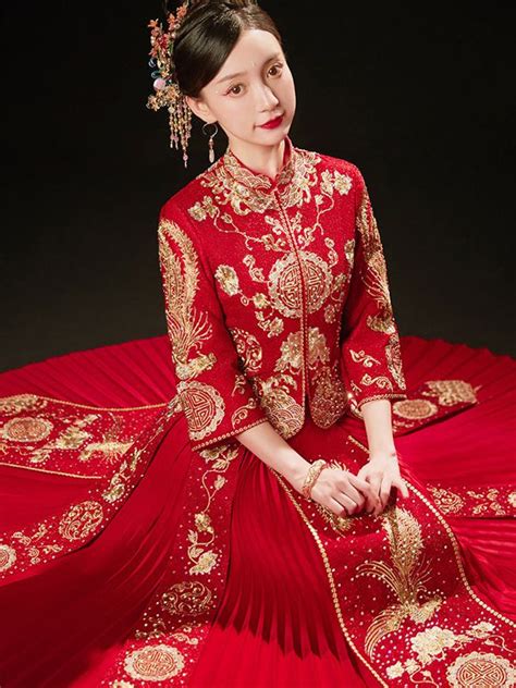 red qipao chinese traditional wedding dress female fashion hanfu