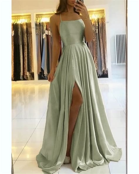 Stunning Satin A Line Slit Sage Green Prom Dresses 2021 Hater Cross Ba