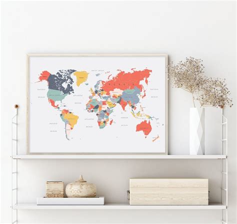 Printable Small World Map Poster Happy Colors Downloadable Etsy