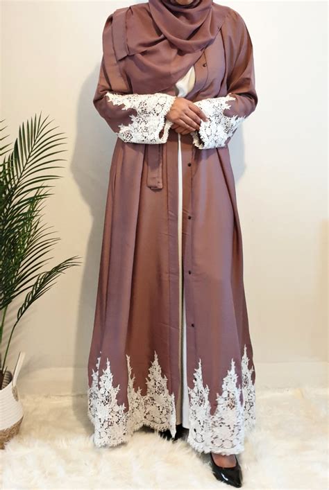 Mauve Open Abaya With Ice White Lace Full Set Abaya Topia