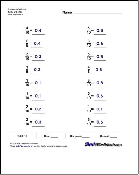 Fraction And Decimal Equivalents Worksheet Decimal Worksheets