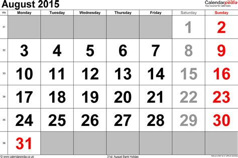 The complete annual list of bank holidays for 2015 is here. Calendar August 2015 (UK) with Excel, Word and PDF templates