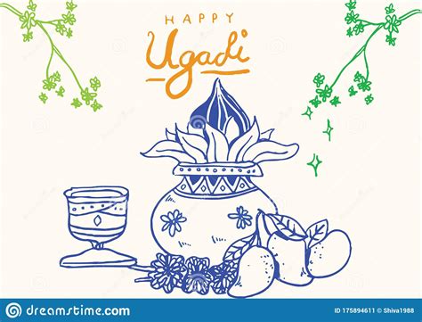 Once the gudi is placed, they do a small puja and distribute pedhas or barfi as the prasad. Drawing Of Happy Ugadi Or Gudi Padwa Festival Outline ...