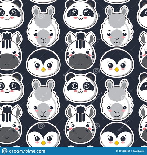 Vector Seamless Pattern With Cute Black And White Animal Faces Stock