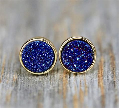 Amazon Com Dark Blue Druzy Stud Earring Genuine Druzy Quartz Gemstone