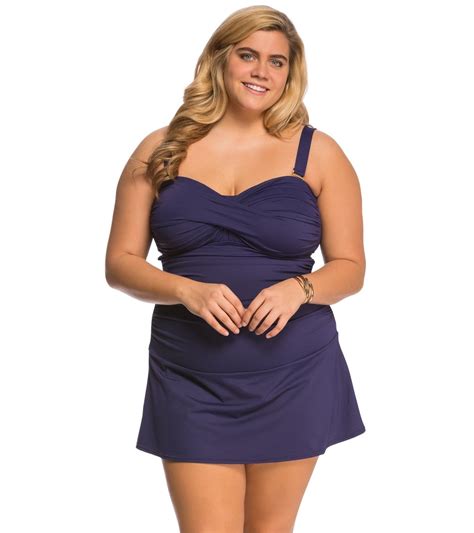 Anne Cole Plus Size Color Blast Solid Twist Front Shirred Swimdress At