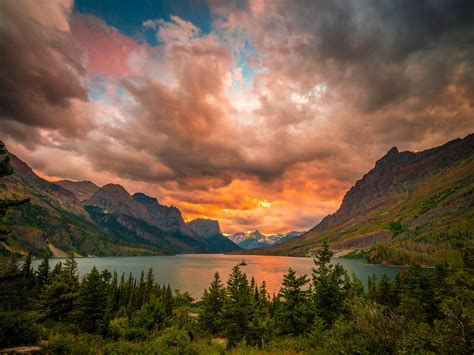 St Mary Lake Sunset Summer Storm Thunderclouds Glacier National Park
