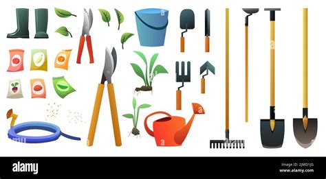 Set Of Garden Tools Agricultural Rural Work Shovels Rakes And Hoes