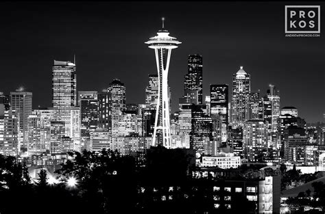 View Of The Seattle Skyline At Night Bandw Fine Art Photo By Andrew