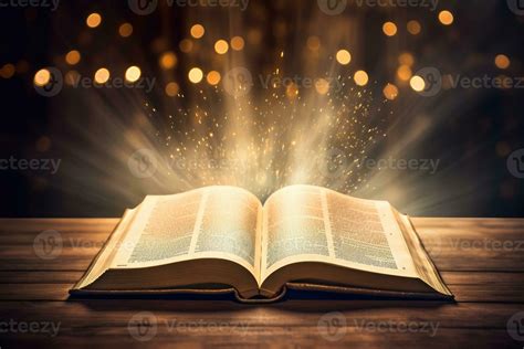Open Holy Bible Book With Glowing Lights In Church 26781324 Stock Photo