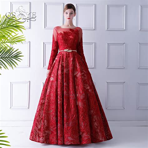 Qsyye 2018 Elegant Red Formal Evening Dresses Sexy V Back Long Sleeve