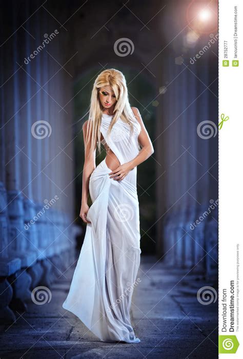 Beautiful Blonde Angel With White Light Wings And White Veil Posing Outdoor Stock Image Image