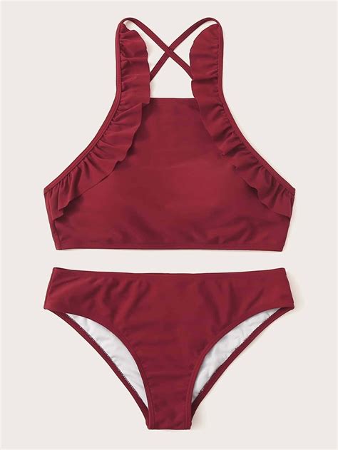 Burgundy Frill Trim Ruffle Crisscross Swimsuit Low Rise Bikini Bottom
