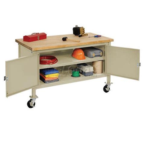W X D Mobile Workbench With Security Cabinet Maple Butcher
