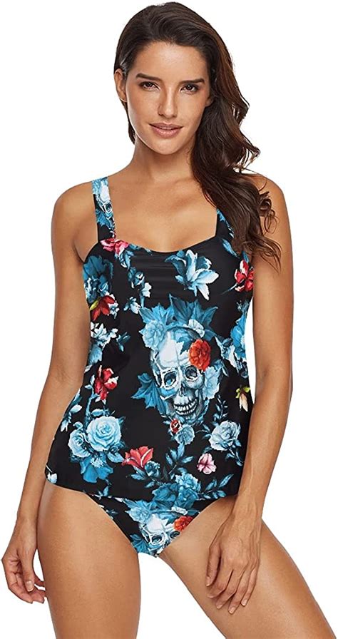 Skull Floral Tankini Swimsuits For Women Sexy Swimwear 2 Pieces Bathing Suit S