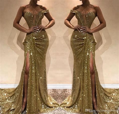 Vintage Gold Sequined Split Prom Dress 2019 Sheer Sweep Train African