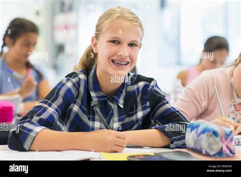 Portrait Smiling Enthusiastic Junior High School Girl Student With