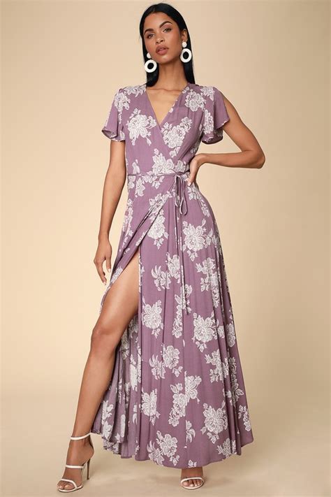 Dusty Lavender Floral Print Dress Wrap Dress Maxi Dress Lulus