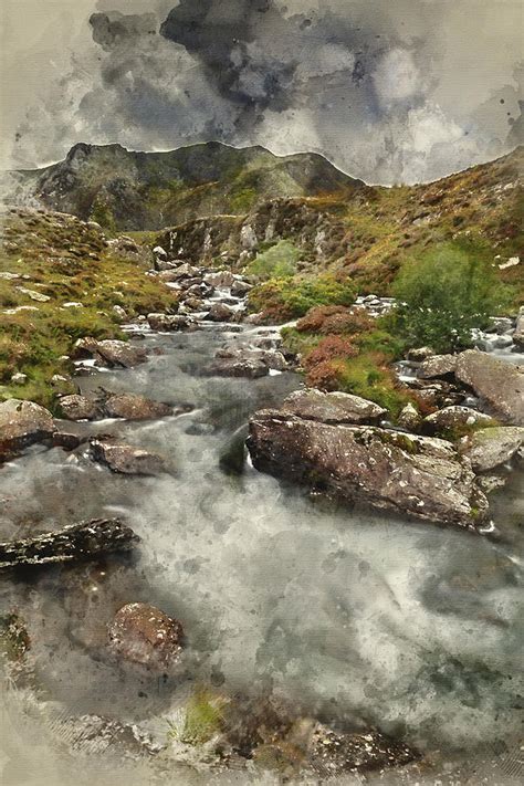 Digital Watercolour Painting Of Moody Landscape Image Of River F