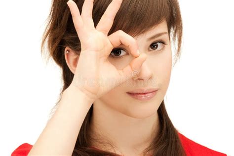 Teenage Girl Looking Through Hole From Fingers Stock Image Image Of