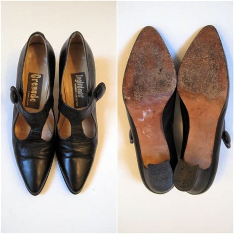 80s Shoes Vintage T Strap Louis Heel Black Leather Pumps 7