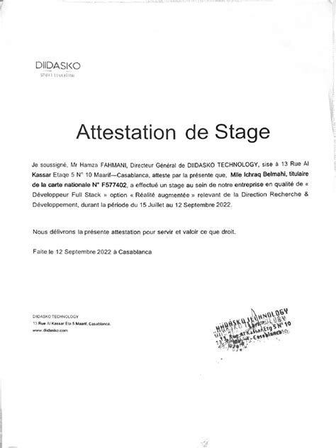 Attestation De Stage Pdf