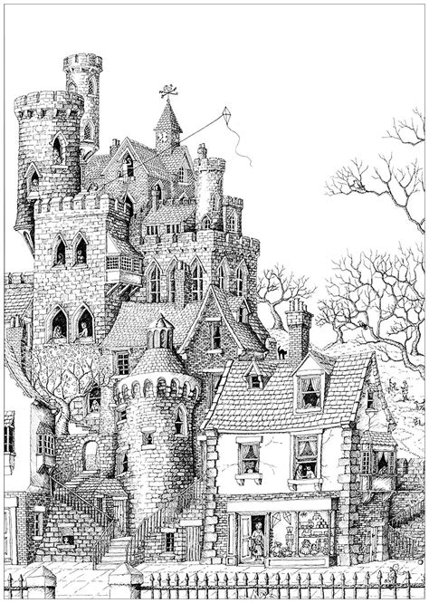 Castle In A Village Architecture Adult Coloring Pages